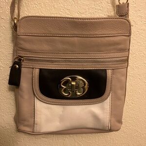 Emma Fox Tan Leather Crossbody Bag With Cream & Black Accent Colors 10" x 10"